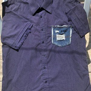 Purple Distressed Short Sleeve Shirt with Denim Po